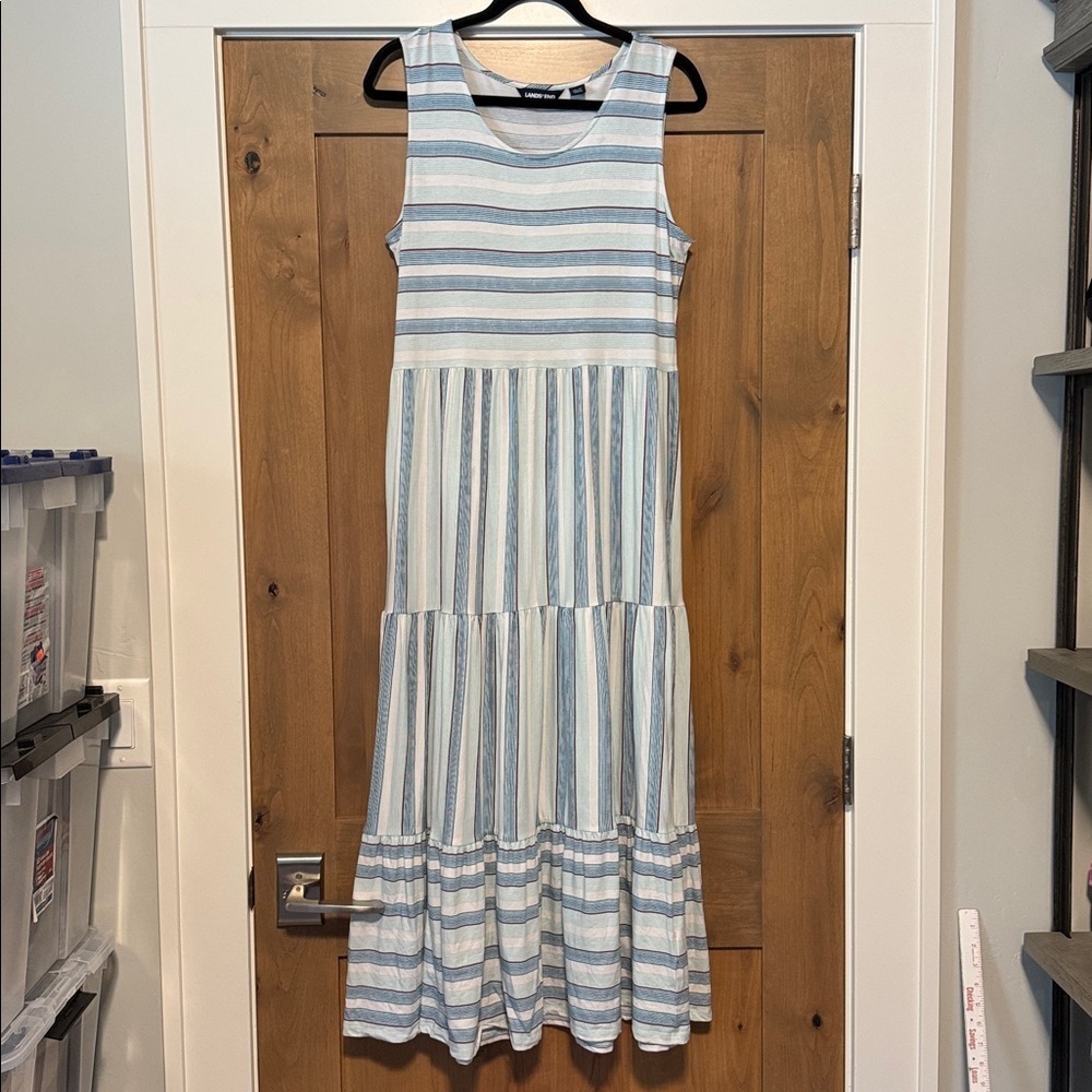 Lands’ End Womens Sleeveless Tiered Maxi Dress Paradise Blue Striped Womens MP
